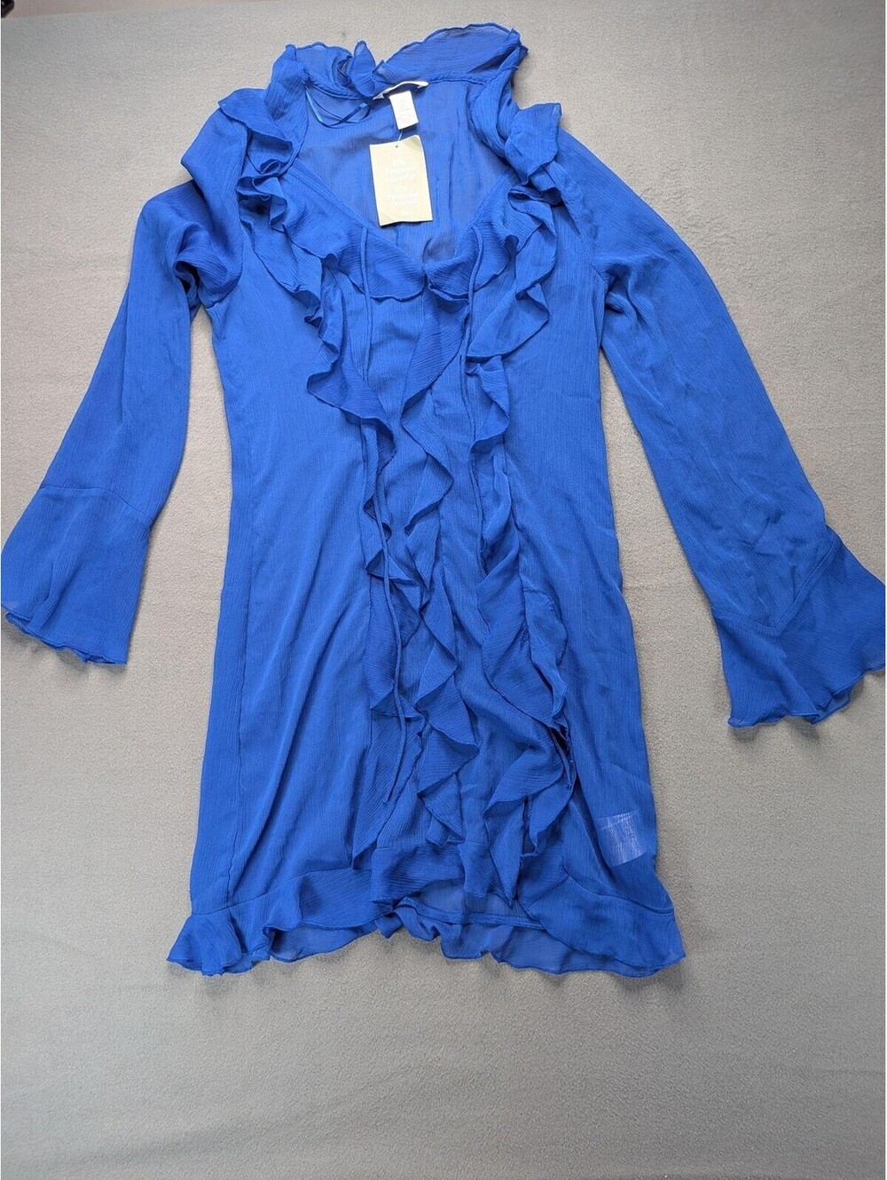H&M Dress Womens S Blue Ruffle V Neck Sheer Bell Sleeve Chiffon Mini Party